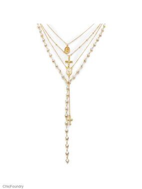 Layered Pearl Cross Necklace Y2K Gold Faux Pearl Multi-Strand